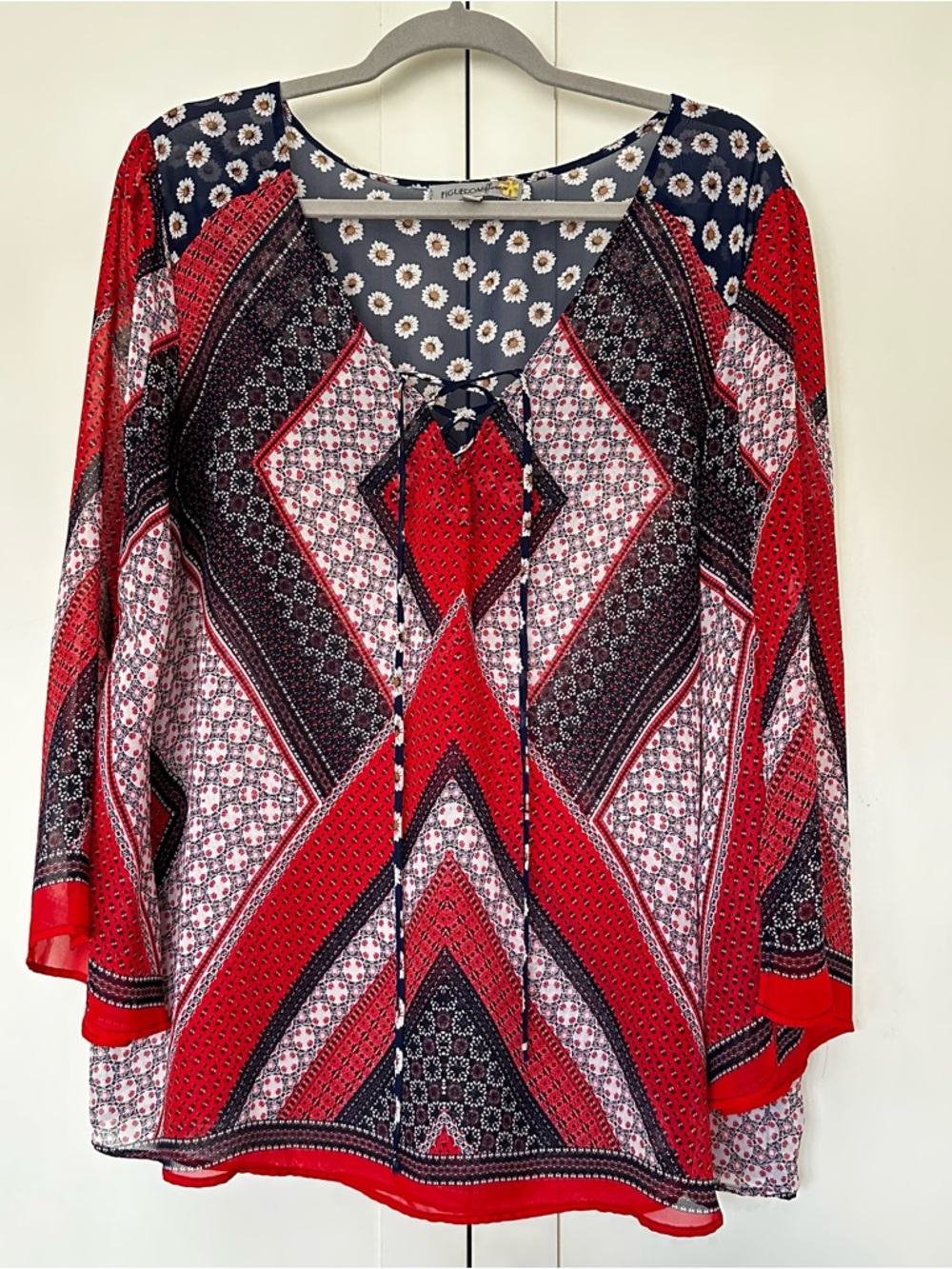 Anthropologie Figueroa & Flower Sheer Tie Front Blouse Size XL 3/4 Sleeve Boho